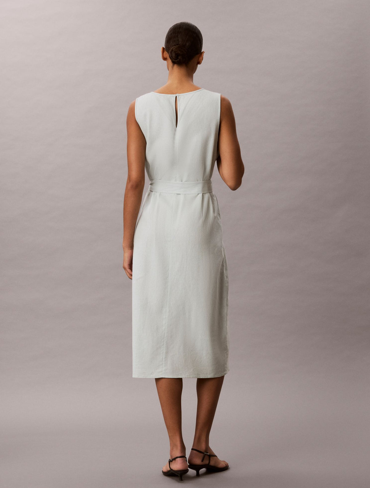 Calvin Klein Linen Blend V-Neck Sleeveless Belted Dress
