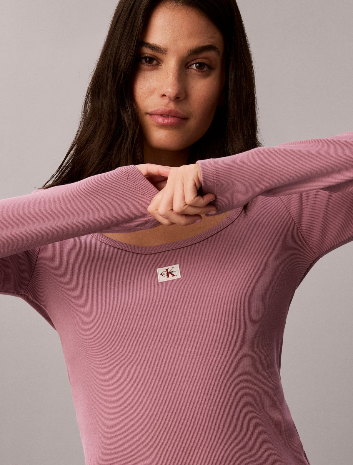 Calvin Klein Woven Monologo Rib Long Sleeve Tee
