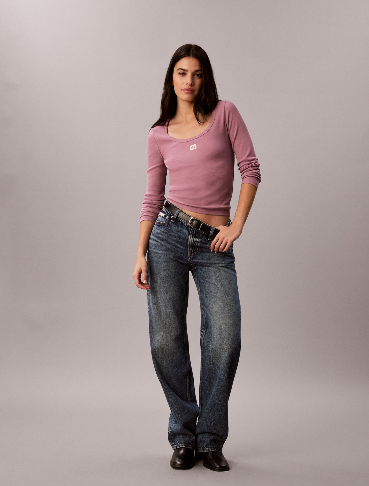 Calvin Klein Woven Monologo Rib Long Sleeve Tee