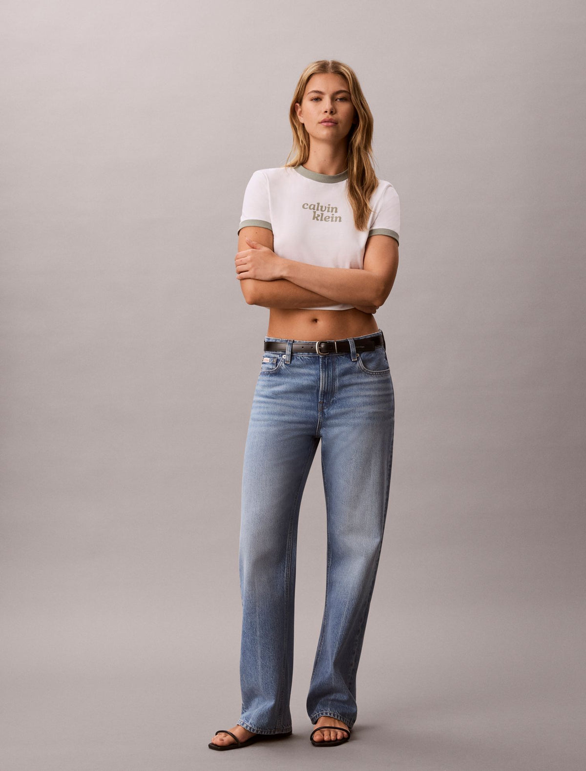 Calvin Klein Logo Graphic Cropped Ringer T-Shirt