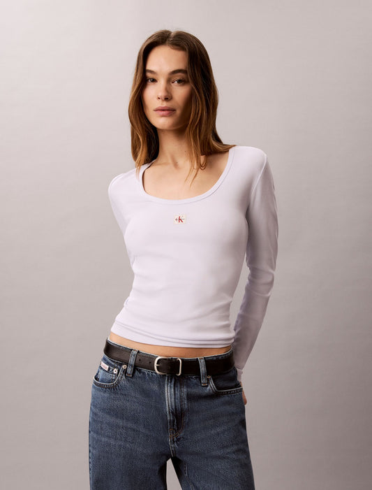 Calvin Klein Woven Monologo Rib Scoop Neck T-Shirt