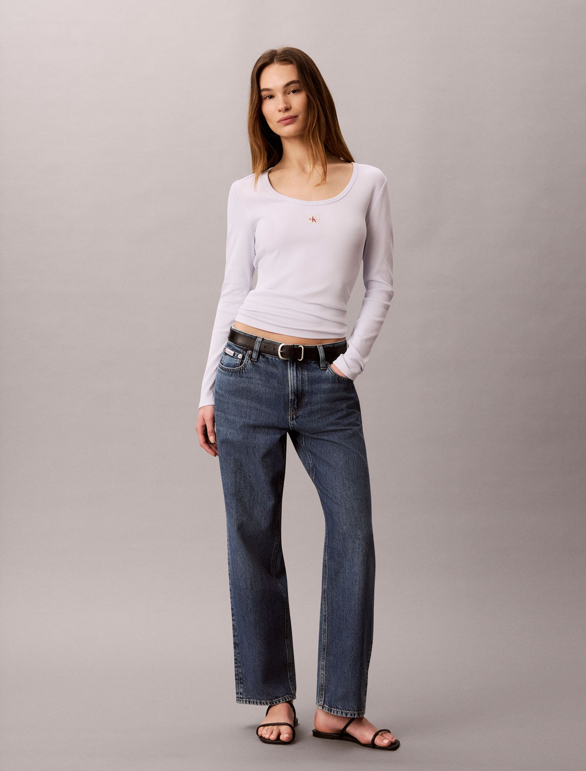 Calvin Klein Woven Monologo Rib Scoop Neck T-Shirt
