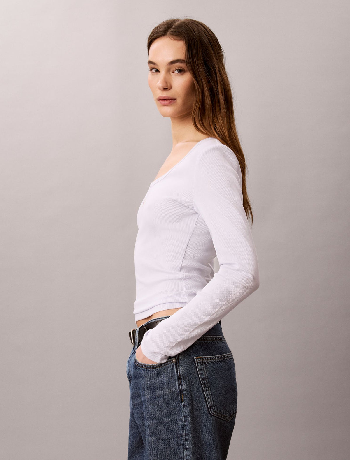 Calvin Klein Woven Monologo Rib Scoop Neck T-Shirt