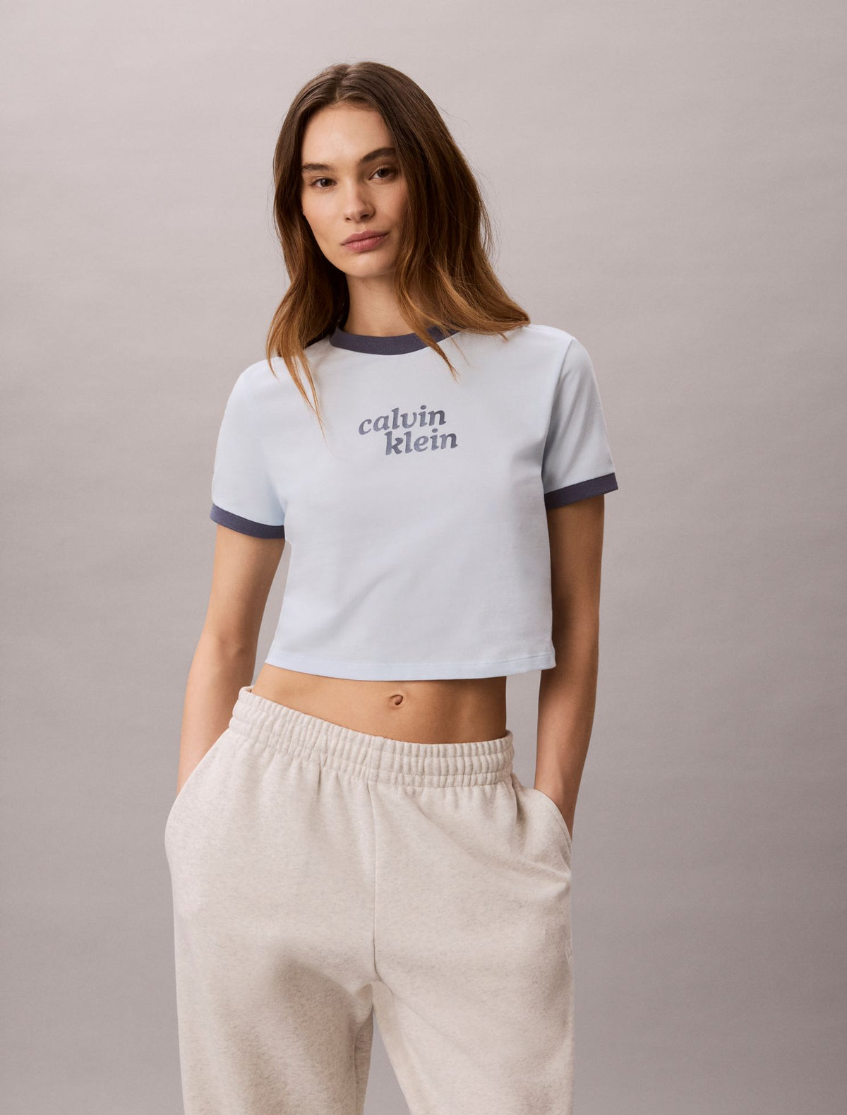 Calvin Klein Logo Graphic Cropped Ringer T-Shirt