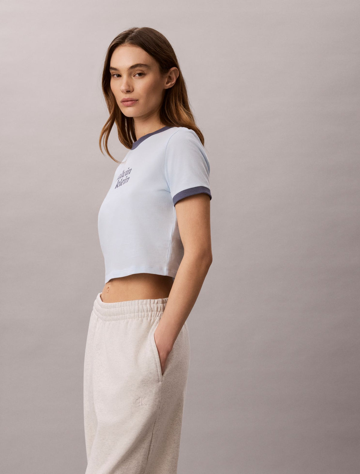 Calvin Klein Logo Graphic Cropped Ringer T-Shirt