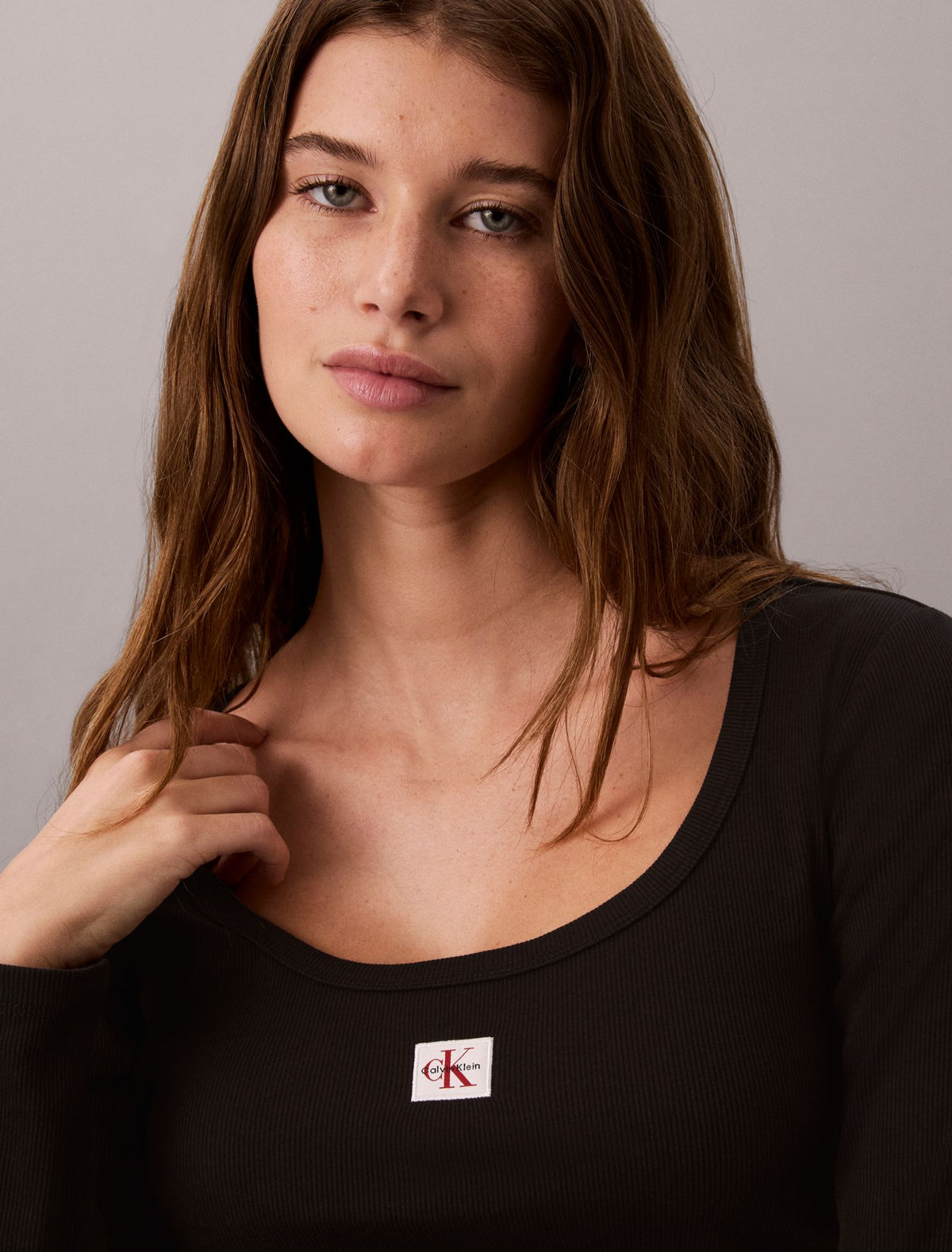 Calvin Klein Woven Monologo Rib Long Sleeve Tee