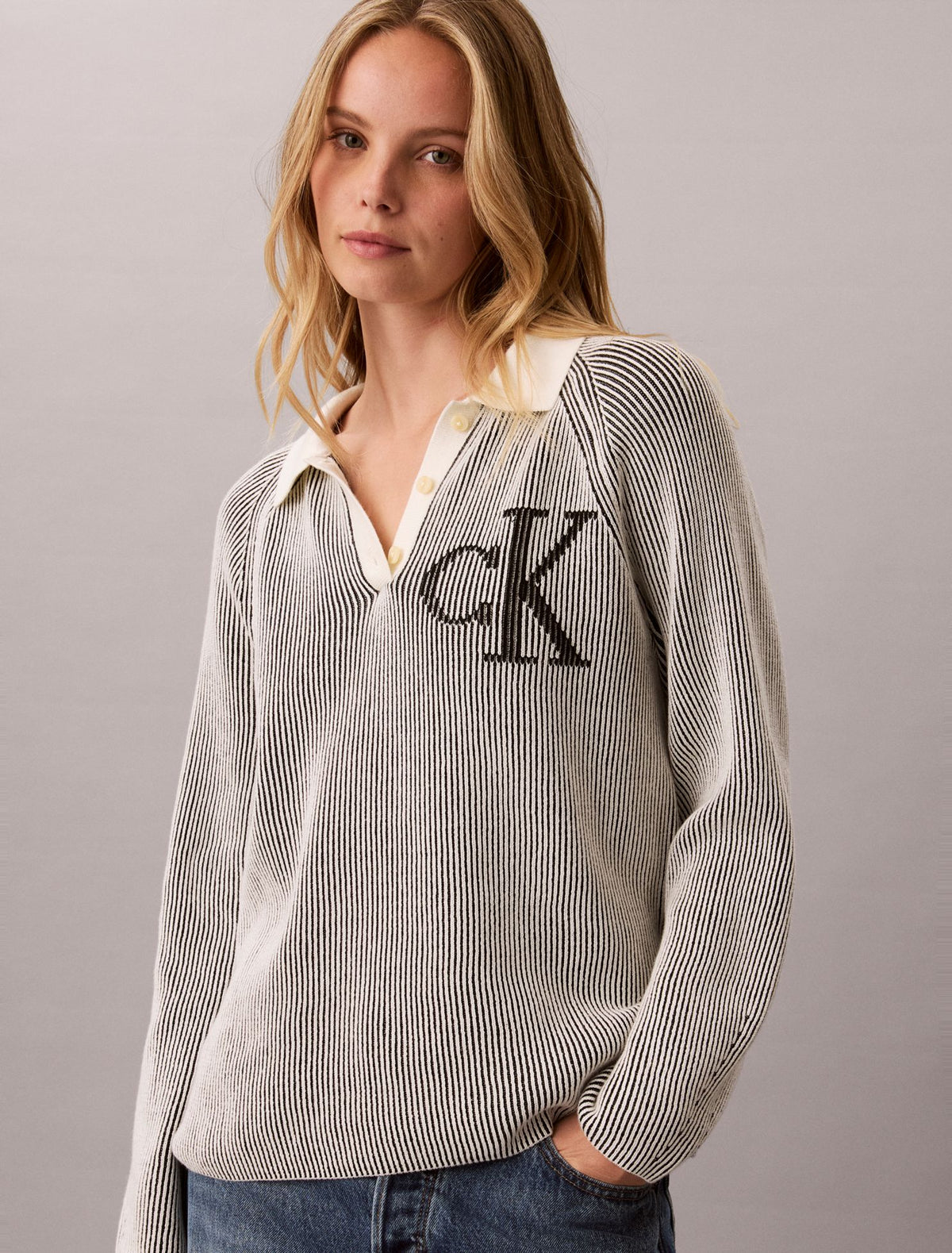 Calvin Klein Bicolor Rib Monogram Polo Sweater