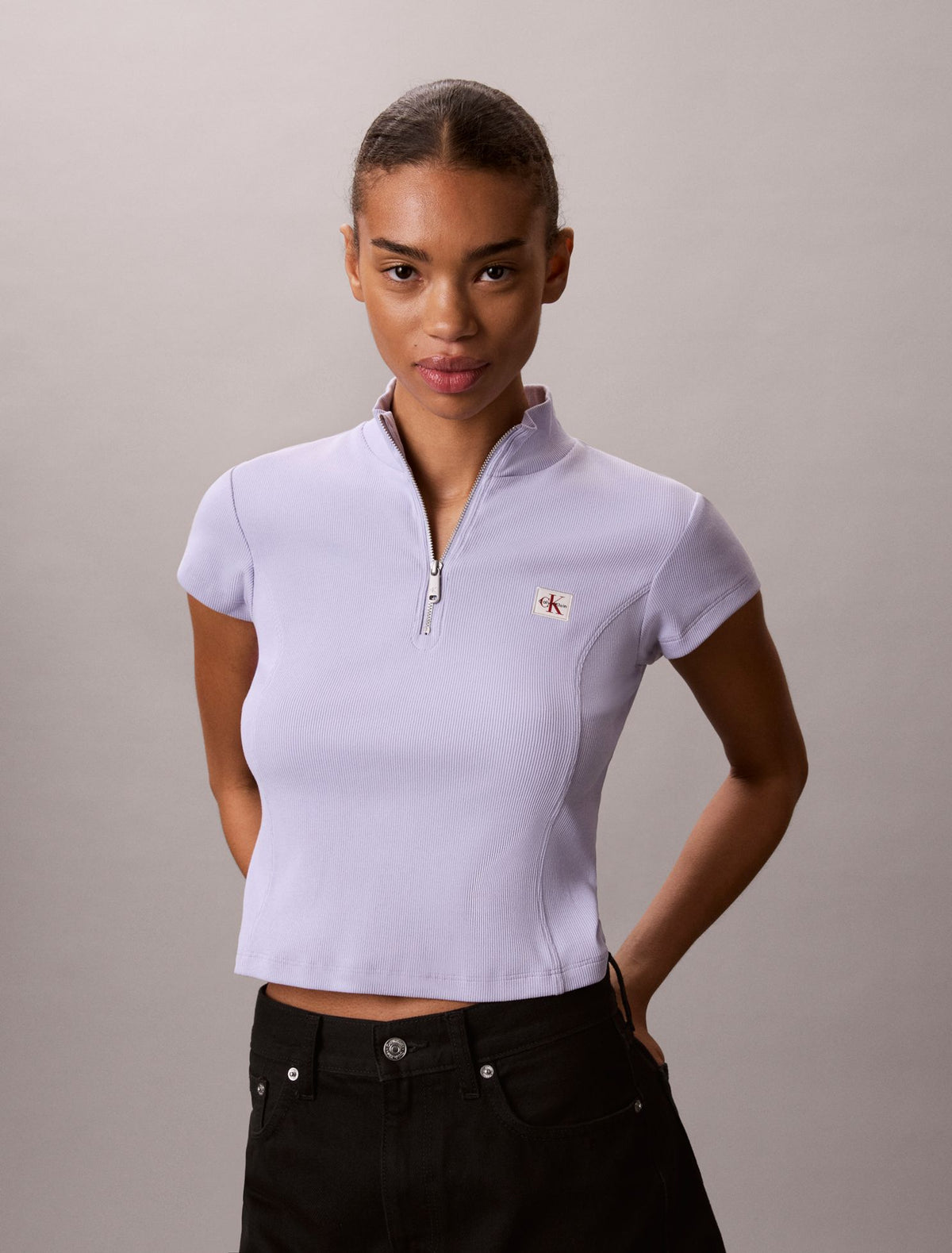 Calvin Klein Woven Monologo Rib Quarter Zip Top