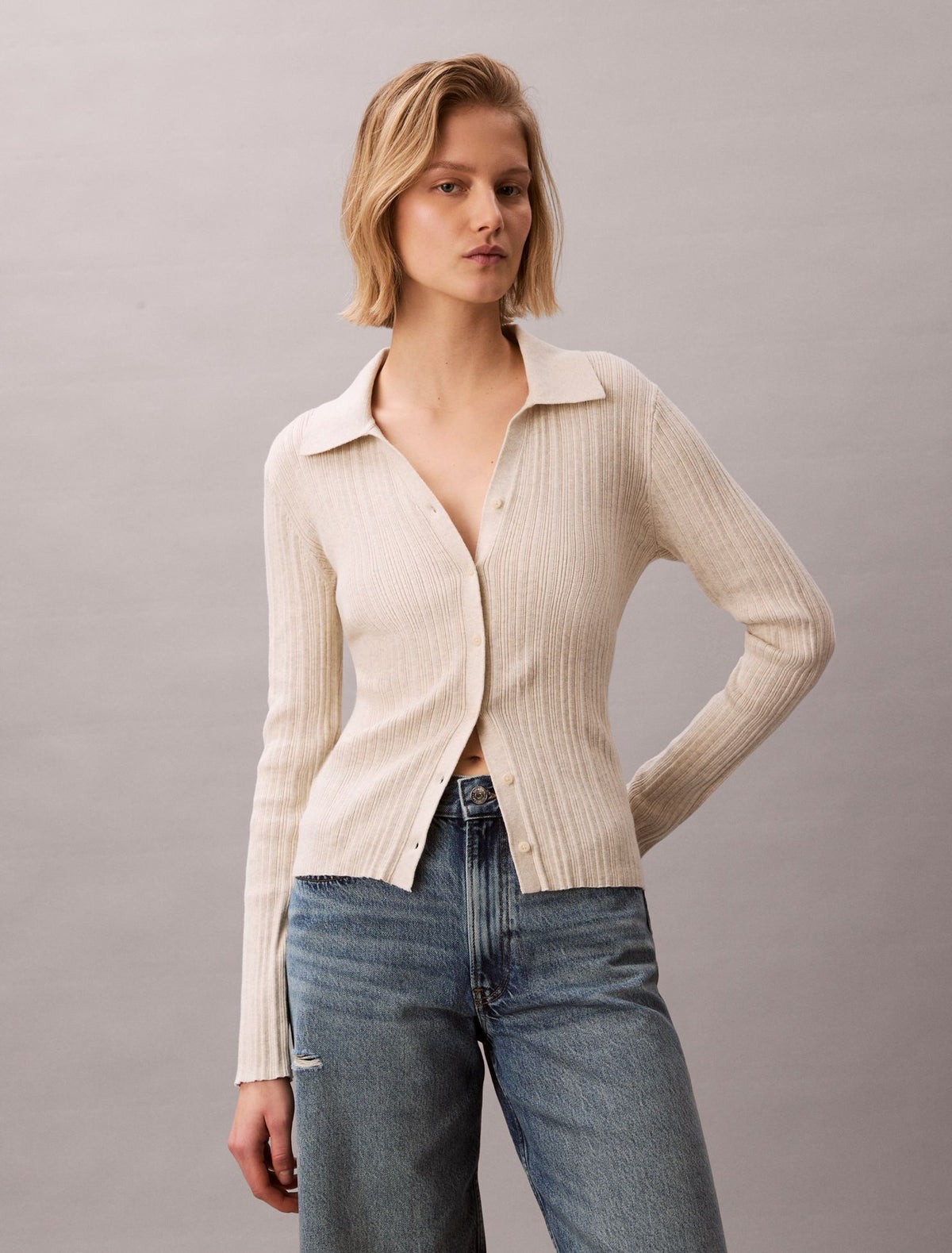 Calvin Klein Smooth Cotton Rib Polo Cardigan