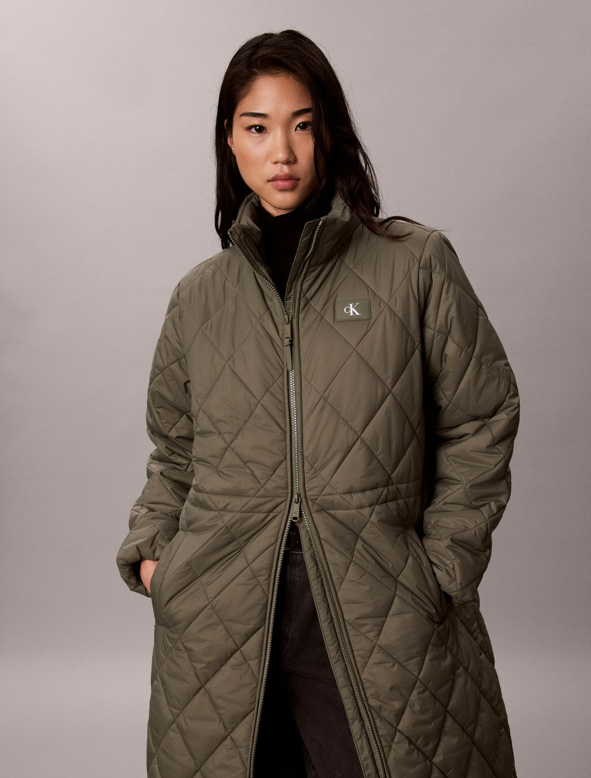 Calvin Klein Quilted Hooded Long Liner Coat