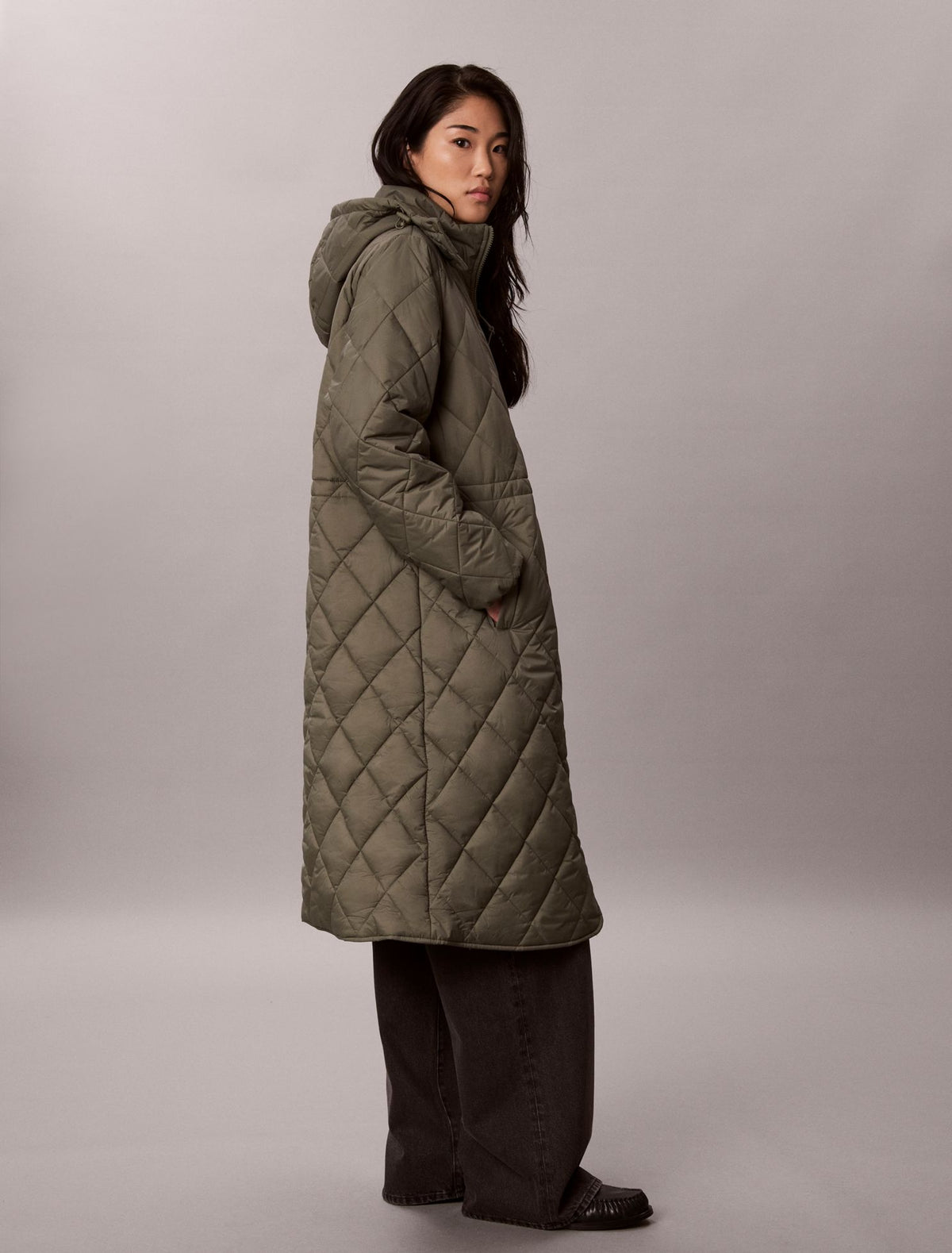 Calvin Klein Quilted Hooded Long Liner Coat