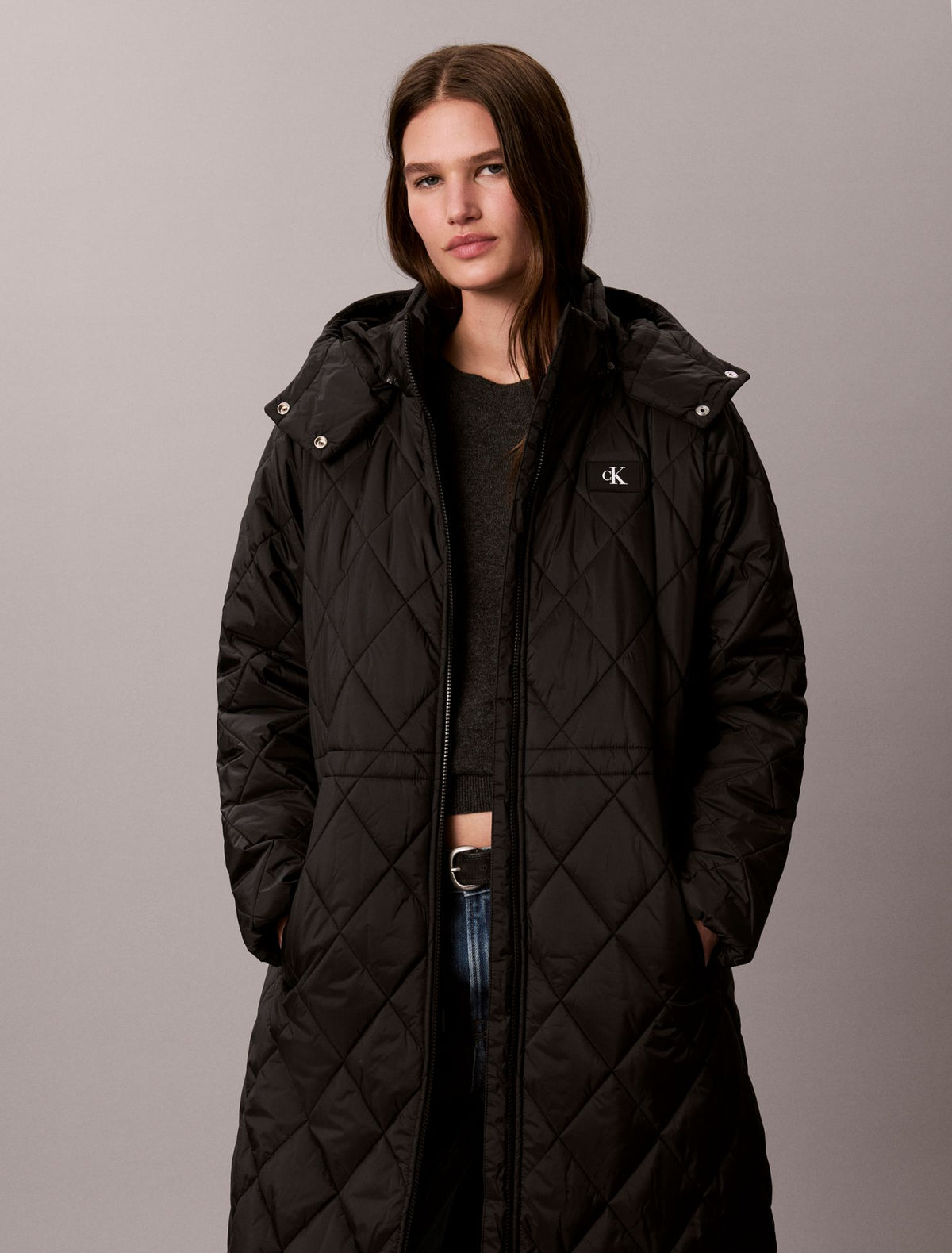 Calvin Klein Quilted Hooded Long Liner Coat