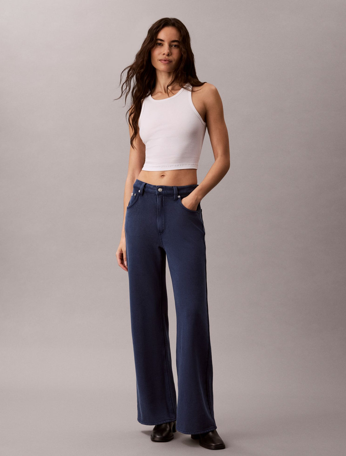 Calvin Klein Denim Wash French Terry Wide Leg Pants