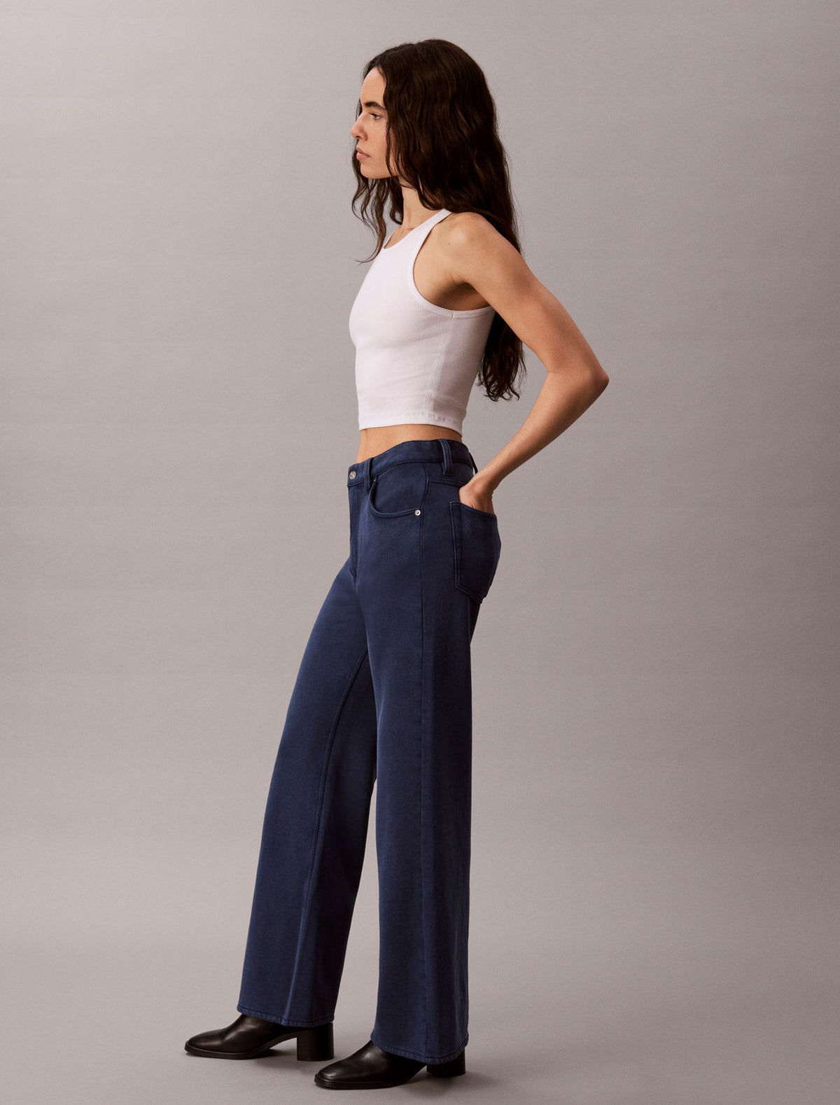 Calvin Klein Denim Wash French Terry Wide Leg Pants