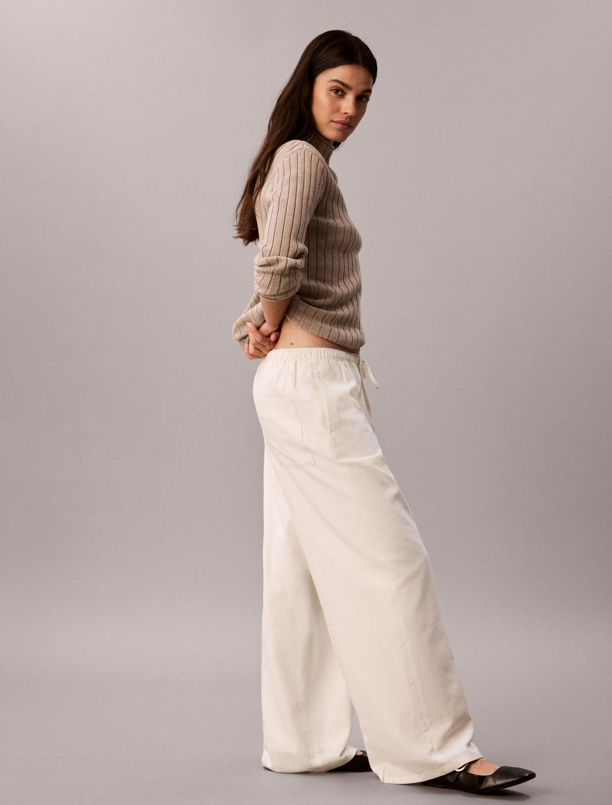 Calvin Klein Linen Blend Drawstring Wide Leg Pants