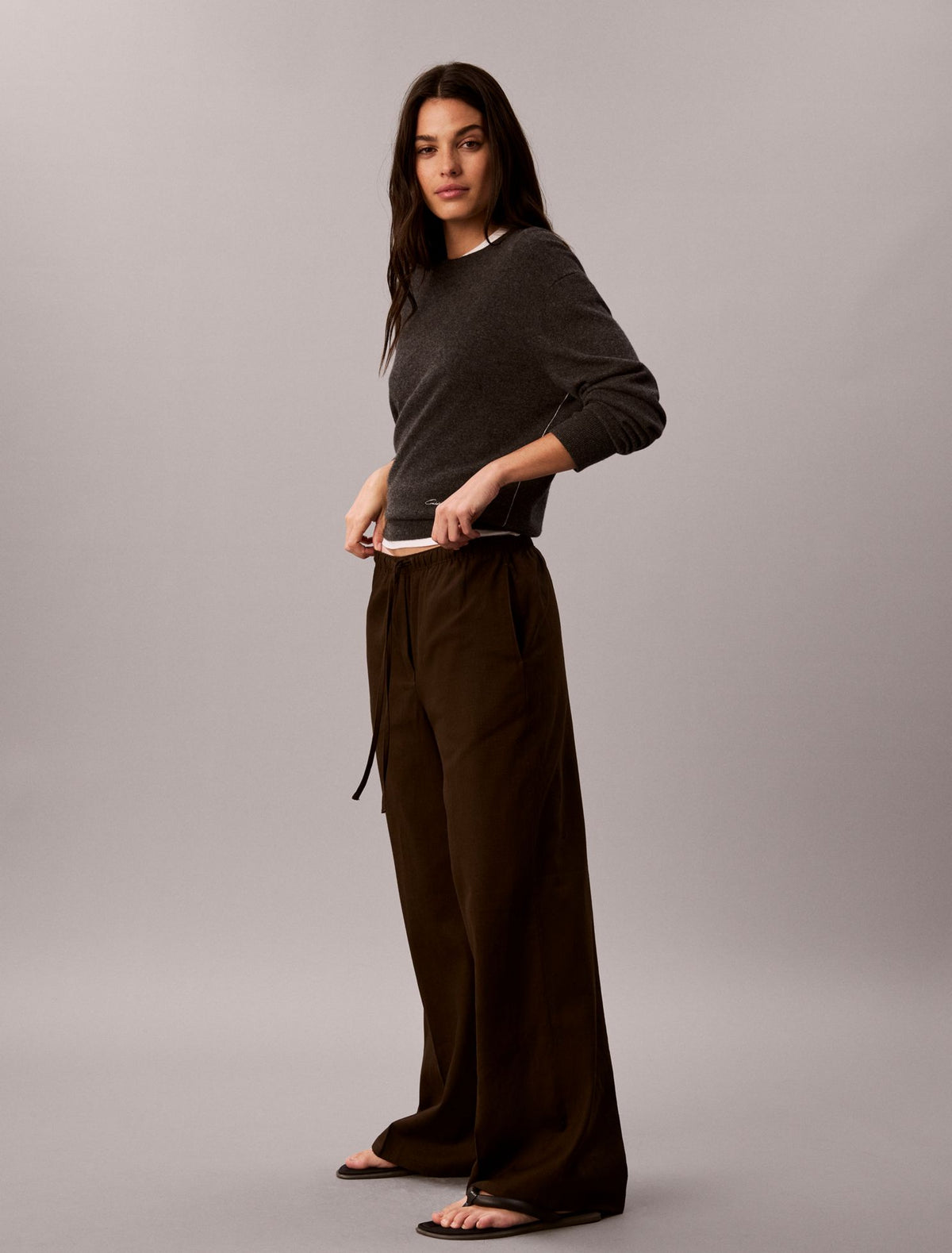 Calvin Klein Linen Blend Drawstring Wide Leg Pants