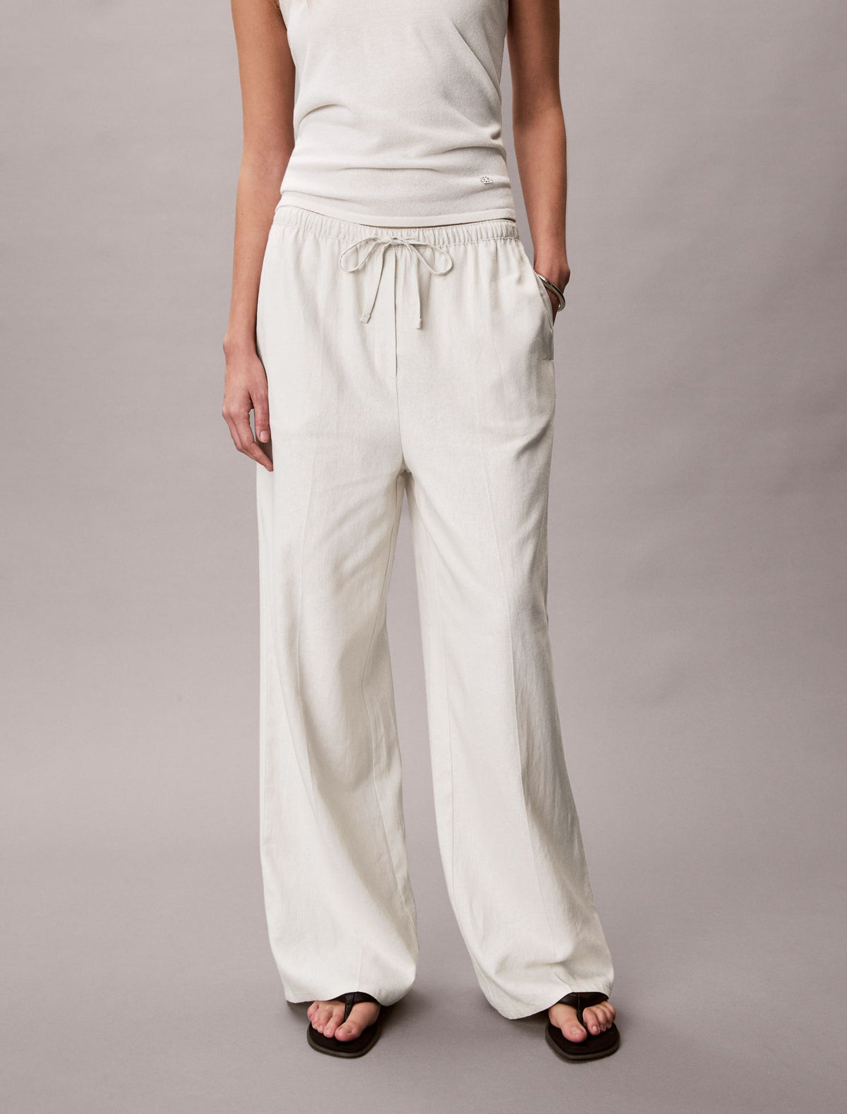 Calvin Klein Linen Blend Drawstring Wide Leg Pants