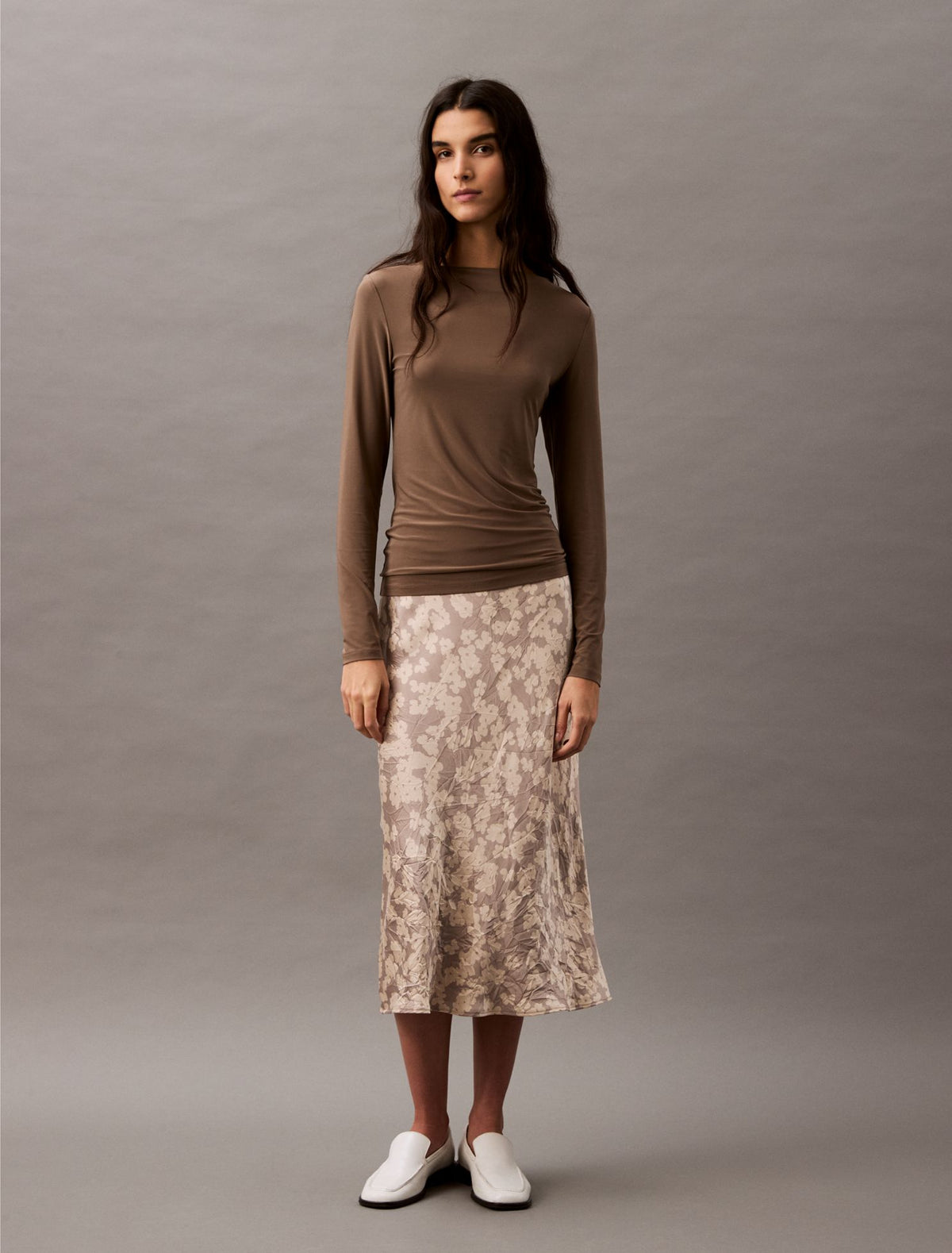 Calvin Klein Crushed Satin Print Midi Skirt