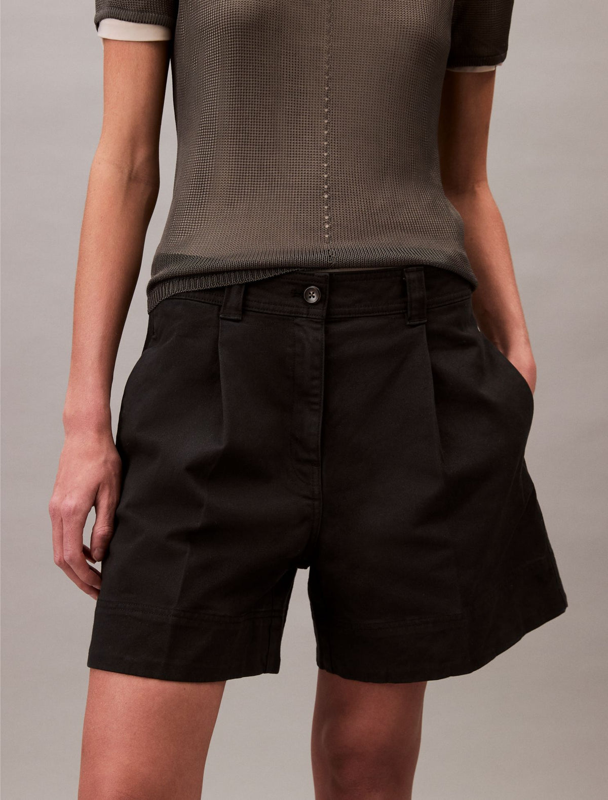 Calvin Klein Cotton Stretch Twill Pleated Bermuda Shorts
