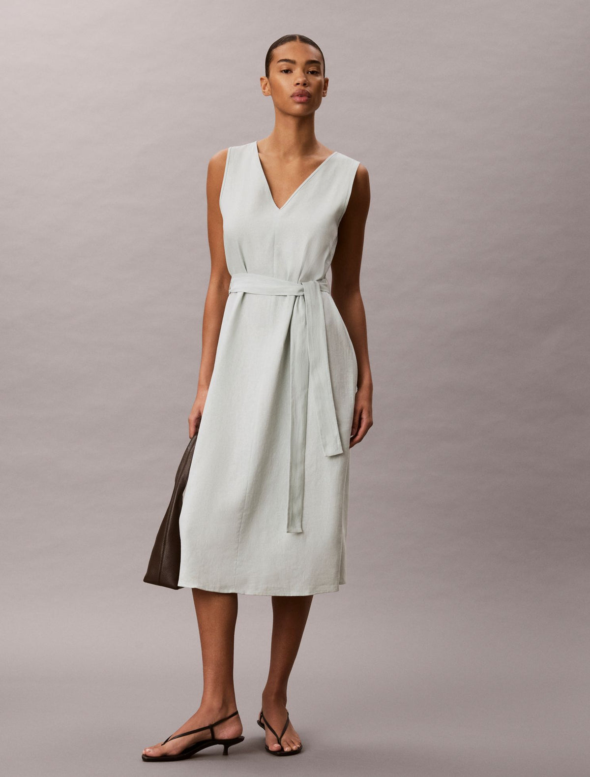 Calvin Klein Linen Blend V-Neck Sleeveless Belted Dress