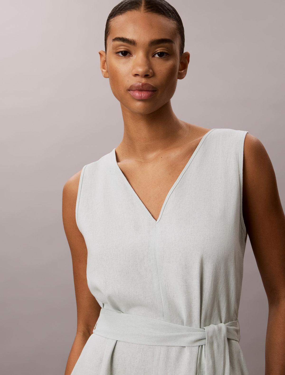 Calvin Klein Linen Blend V-Neck Sleeveless Belted Dress