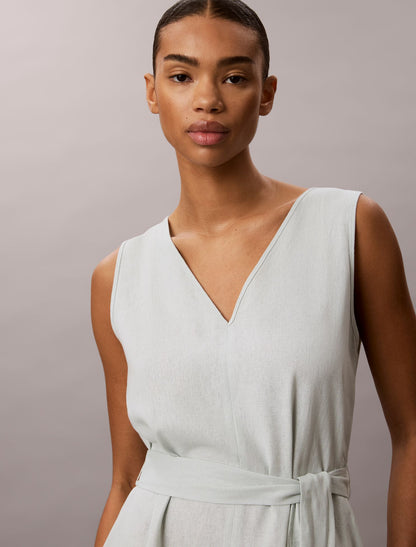 Calvin Klein Linen Blend V-Neck Sleeveless Belted Dress
