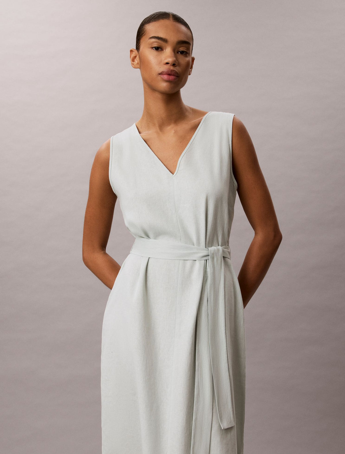 Calvin Klein Linen Blend V-Neck Sleeveless Belted Dress