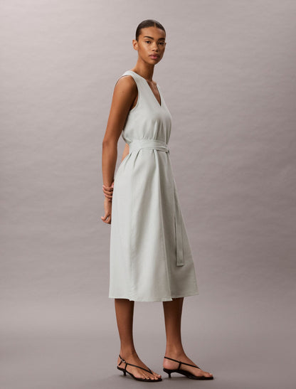 Calvin Klein Linen Blend V-Neck Sleeveless Belted Dress