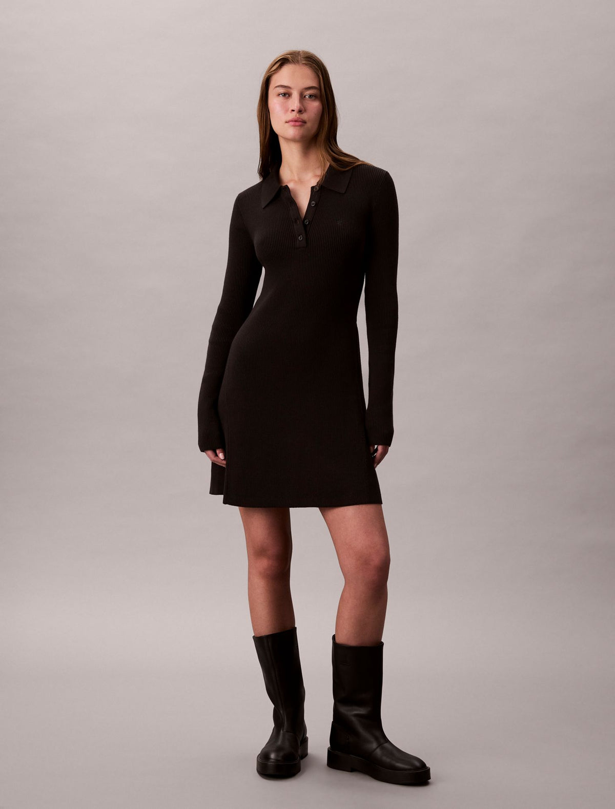 Calvin Klein Cotton Rib V-Neck Polo Mini Dress