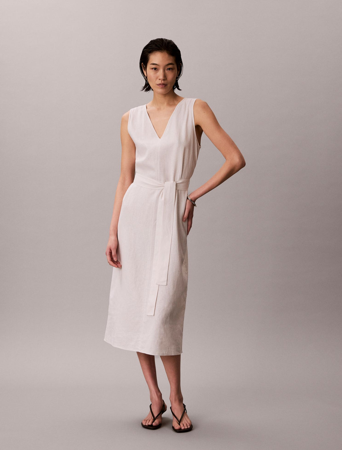 Calvin Klein Linen Blend V-Neck Sleeveless Belted Dress