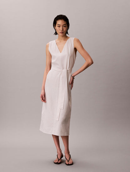 Calvin Klein Linen Blend V-Neck Sleeveless Belted Dress