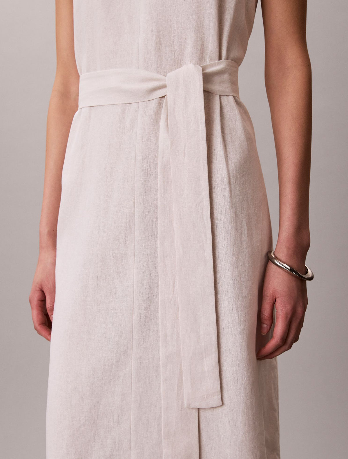 Calvin Klein Linen Blend V-Neck Sleeveless Belted Dress