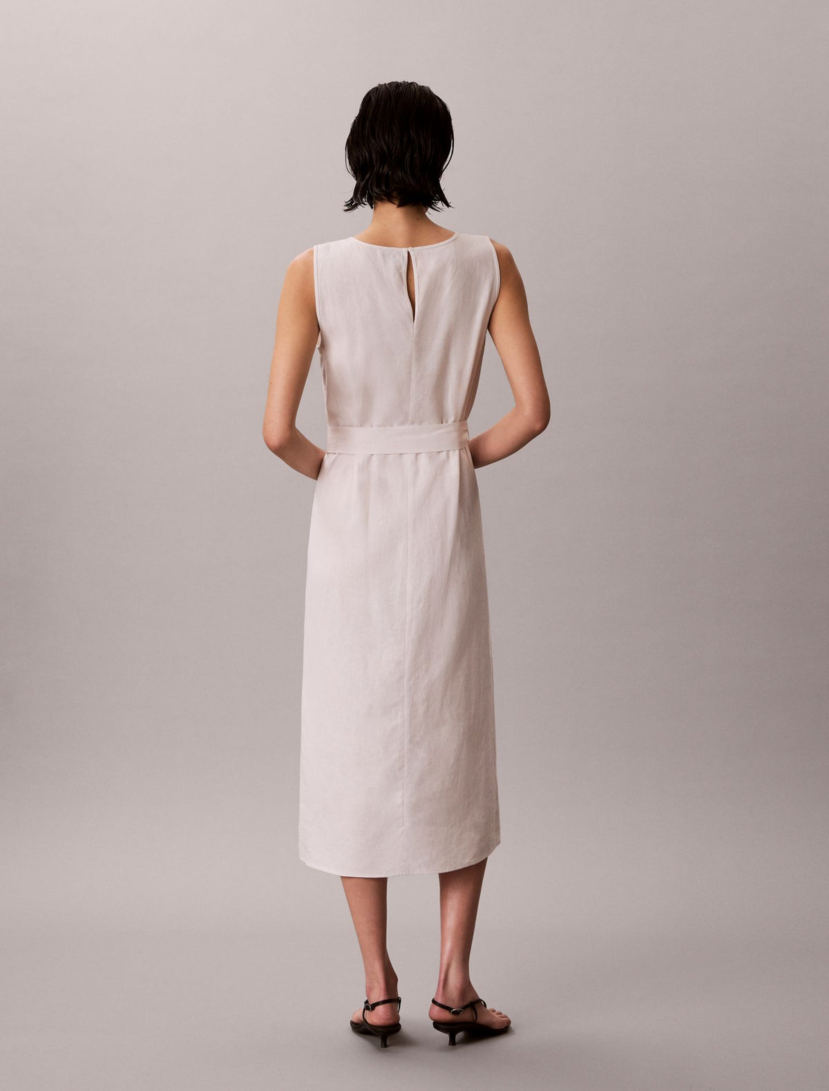 Calvin Klein Linen Blend V-Neck Sleeveless Belted Dress