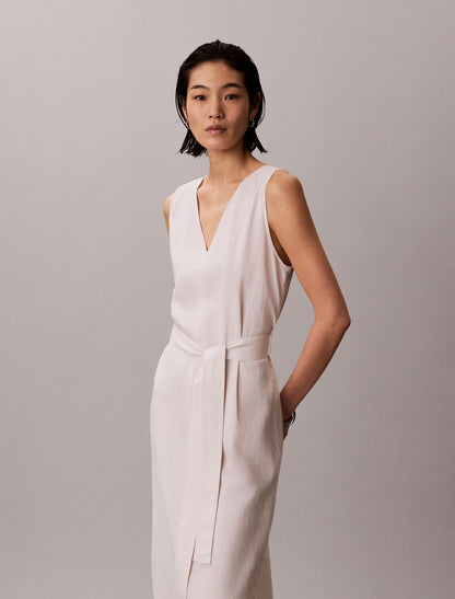 Calvin Klein Linen Blend V-Neck Sleeveless Belted Dress