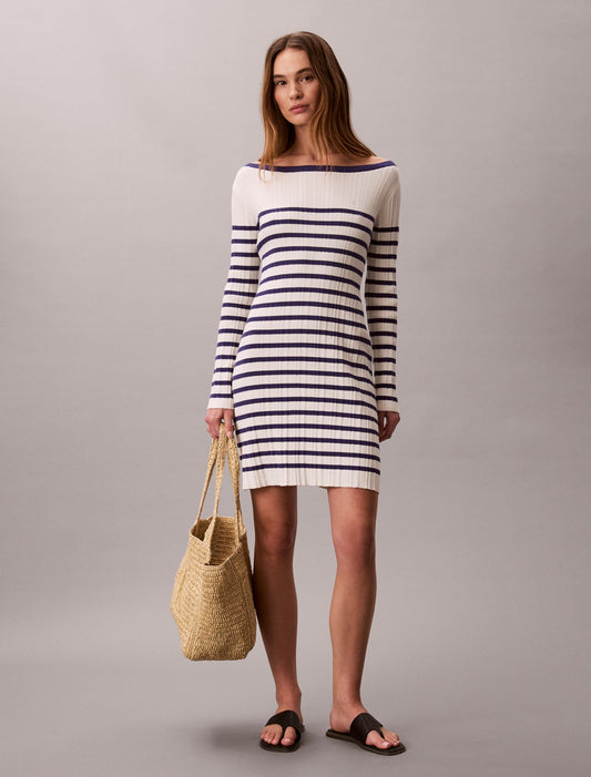 Calvin Klein Stripe Long Sleeve Rib Mini Dress
